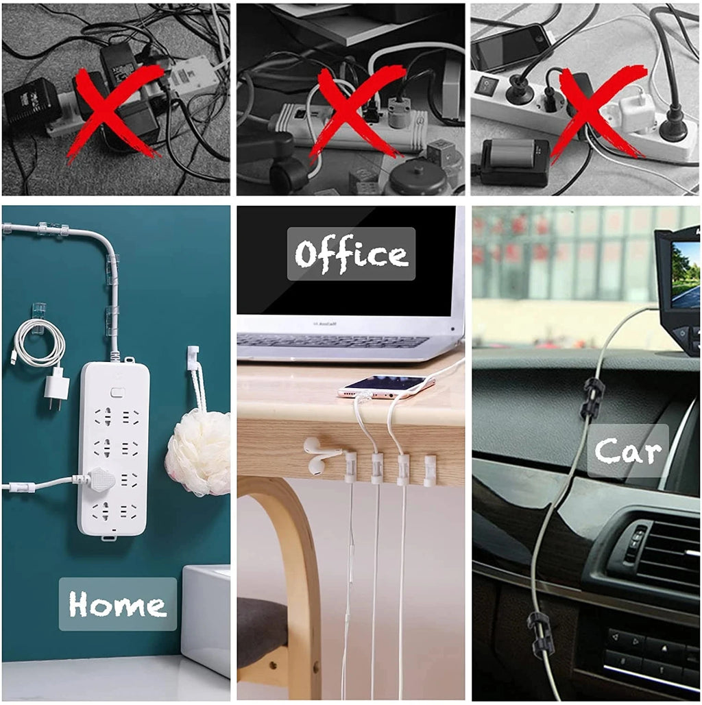 Clips Organizadores de Cables Autoadhesivos – Sujetacables para Escritorio, Oficina, Auto y Hogar