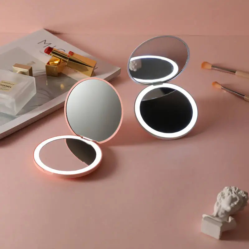 Espejo Compacto LED para Maquillaje – Plegable de Bolsillo con Luz, Doble Cara