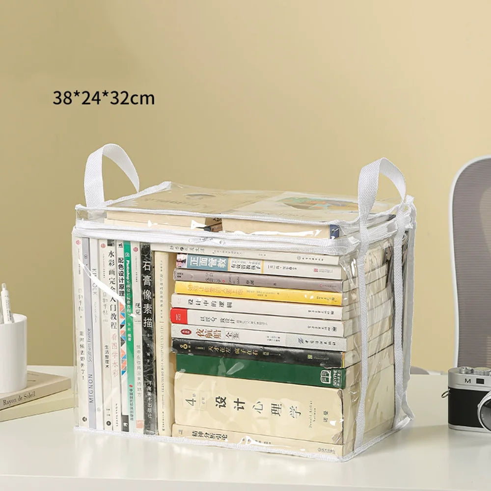 Caja Organizadora Plegable Transparente para Libros – Contenedor Impermeable con Asas y Cremallera para Hogar, Oficina y Escuela