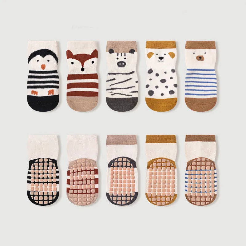 Calcetines antideslizantes para bebé de 0 a 12 meses, 5 pares con dibujos de animales