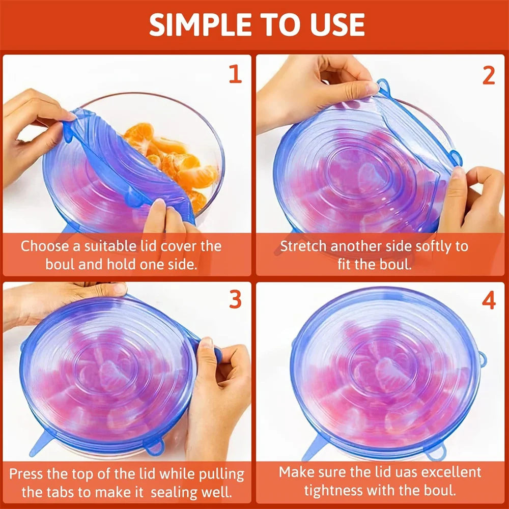 Tapas de silicona reutilizables para alimentos, set de 6 piezas herméticas