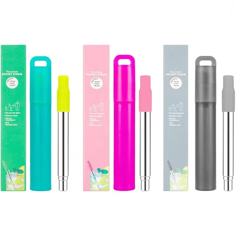 Pajita Telescópica Reutilizable de Acero Inoxidable con Estuche y Cepillo de Limpieza – Sorbetes Plegables de Viaje