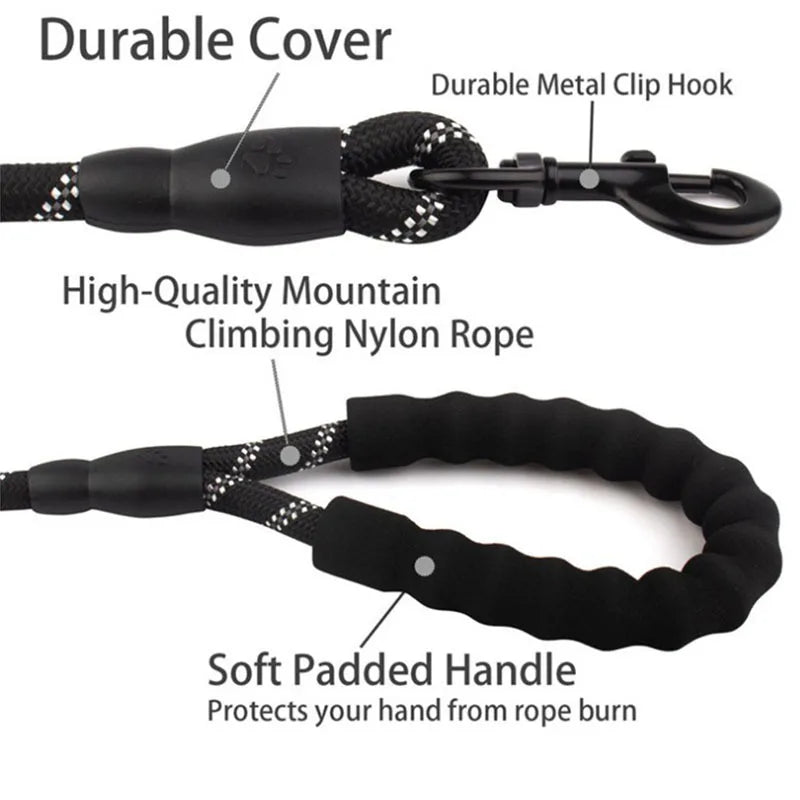 Correa Reflectante para Perros con Mango Acolchado – Cuerda Resistente de Paseo y Adiestramiento para Perros Medianos y Grandes