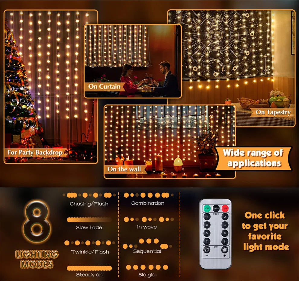 Luces Navideñas LED de Hadas – Cortina de Guirnalda Luminosa con Control Remoto y USB para Árbol de Navidad y Decoración del Hogar