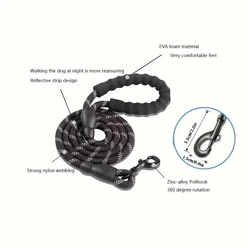 Correa Reflectante para Perros con Mango Acolchado – Cuerda Resistente de Paseo y Adiestramiento para Perros Medianos y Grandes