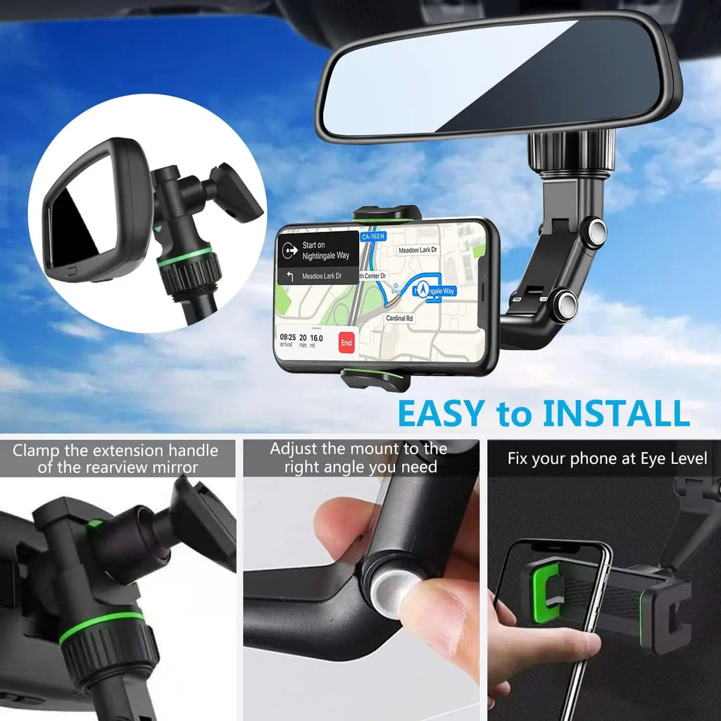 Soporte de Teléfono para Espejo Retrovisor 360° – Giratorio y Retráctil para Auto, Universal