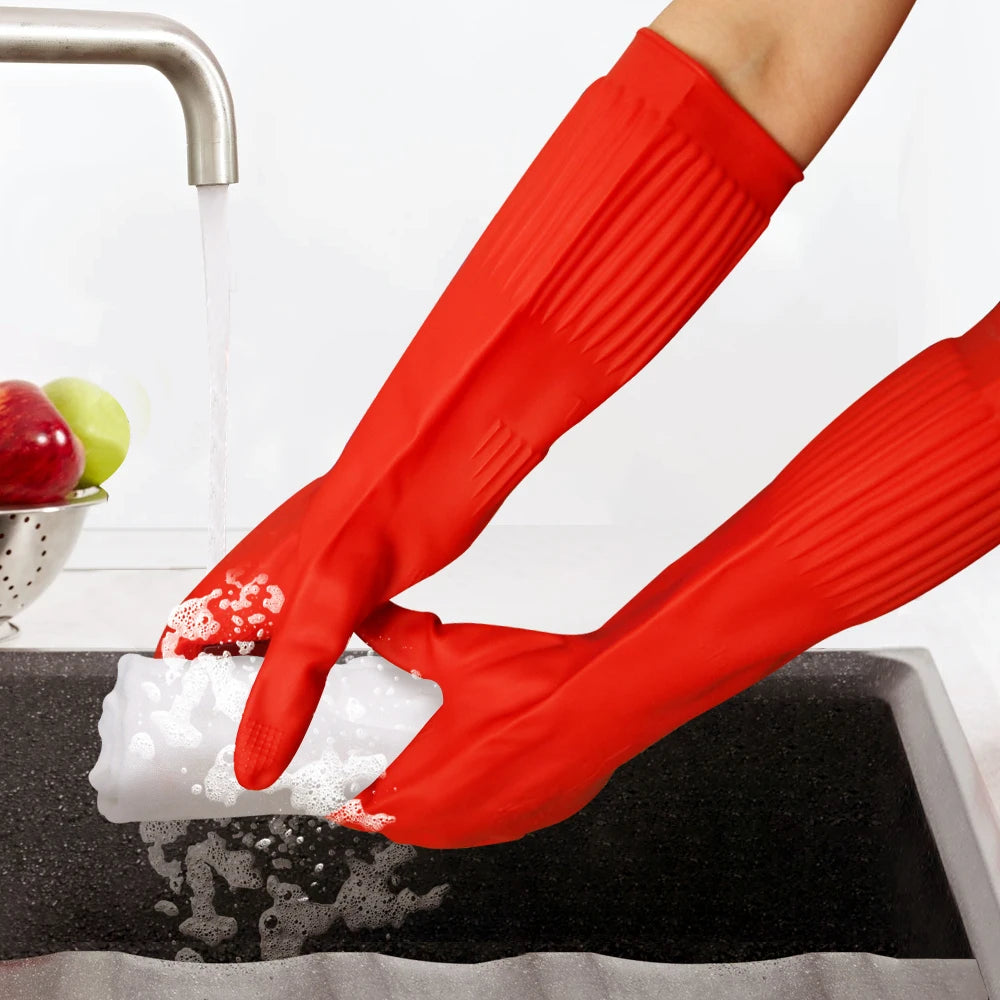 Guantes de Silicona Largos para Lavar Platos con Cerdas – Par Reutilizable e Impermeable para Cocina y Limpieza