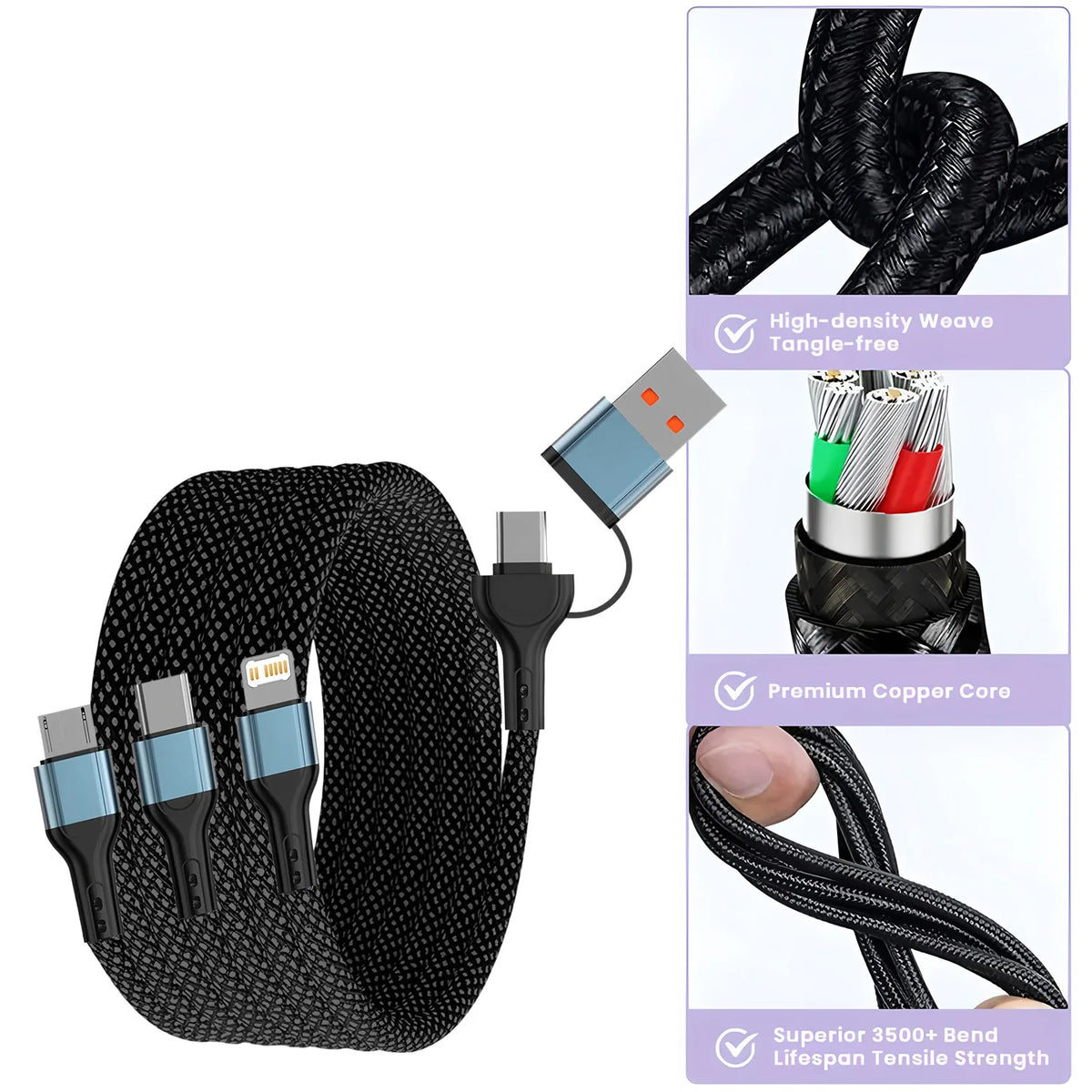 Cable de Carga USB 3 en 1 Trenzado de Nailon – Conectores Tipo C, Micro USB y Lightning para Teléfonos