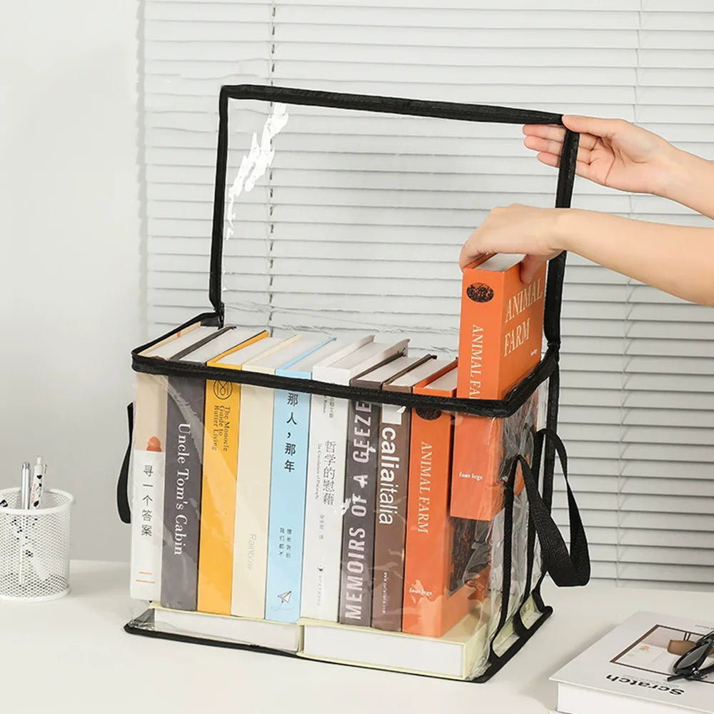 Caja Organizadora Plegable Transparente para Libros – Contenedor Impermeable con Asas y Cremallera para Hogar, Oficina y Escuela