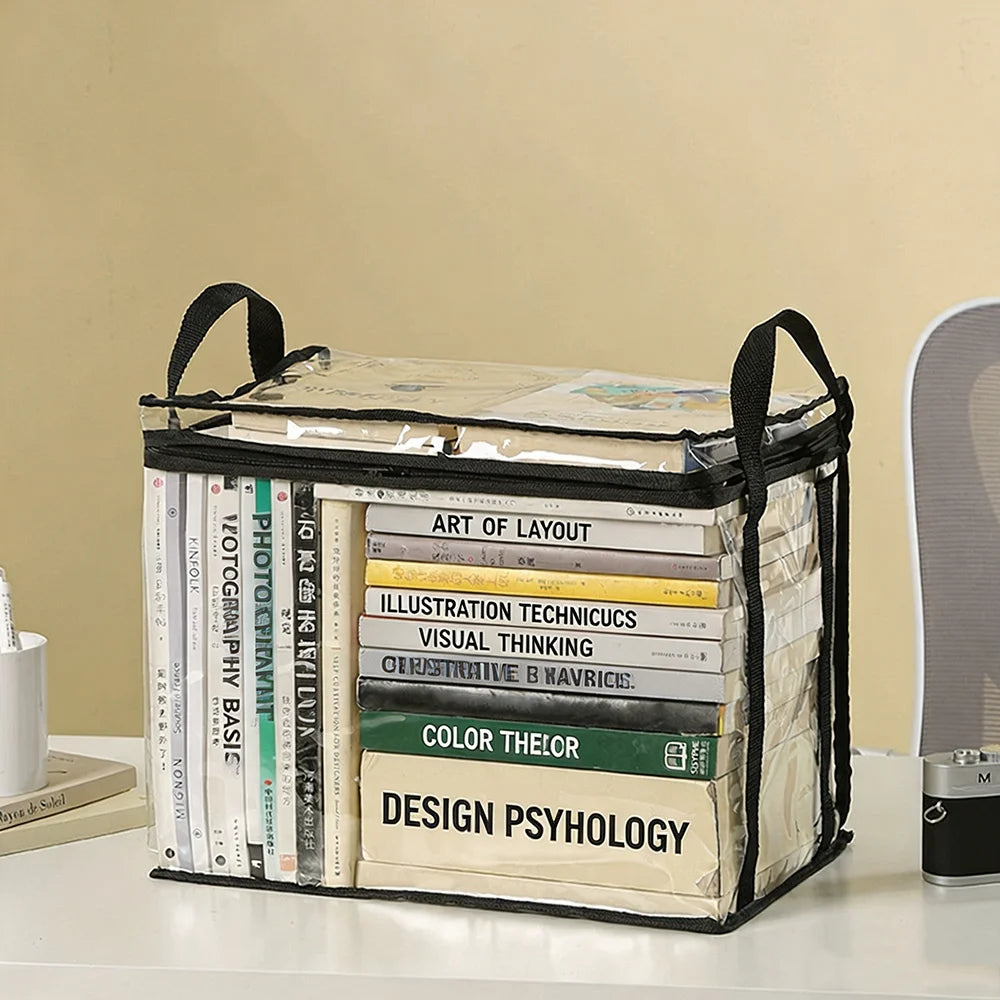 Caja Organizadora Plegable Transparente para Libros – Contenedor Impermeable con Asas y Cremallera para Hogar, Oficina y Escuela