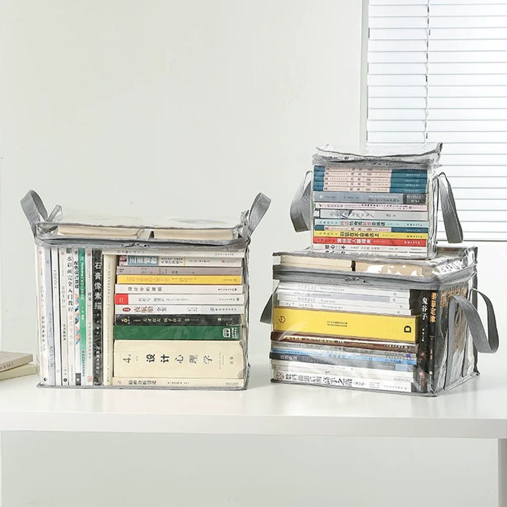 Caja Organizadora Plegable Transparente para Libros – Contenedor Impermeable con Asas y Cremallera para Hogar, Oficina y Escuela