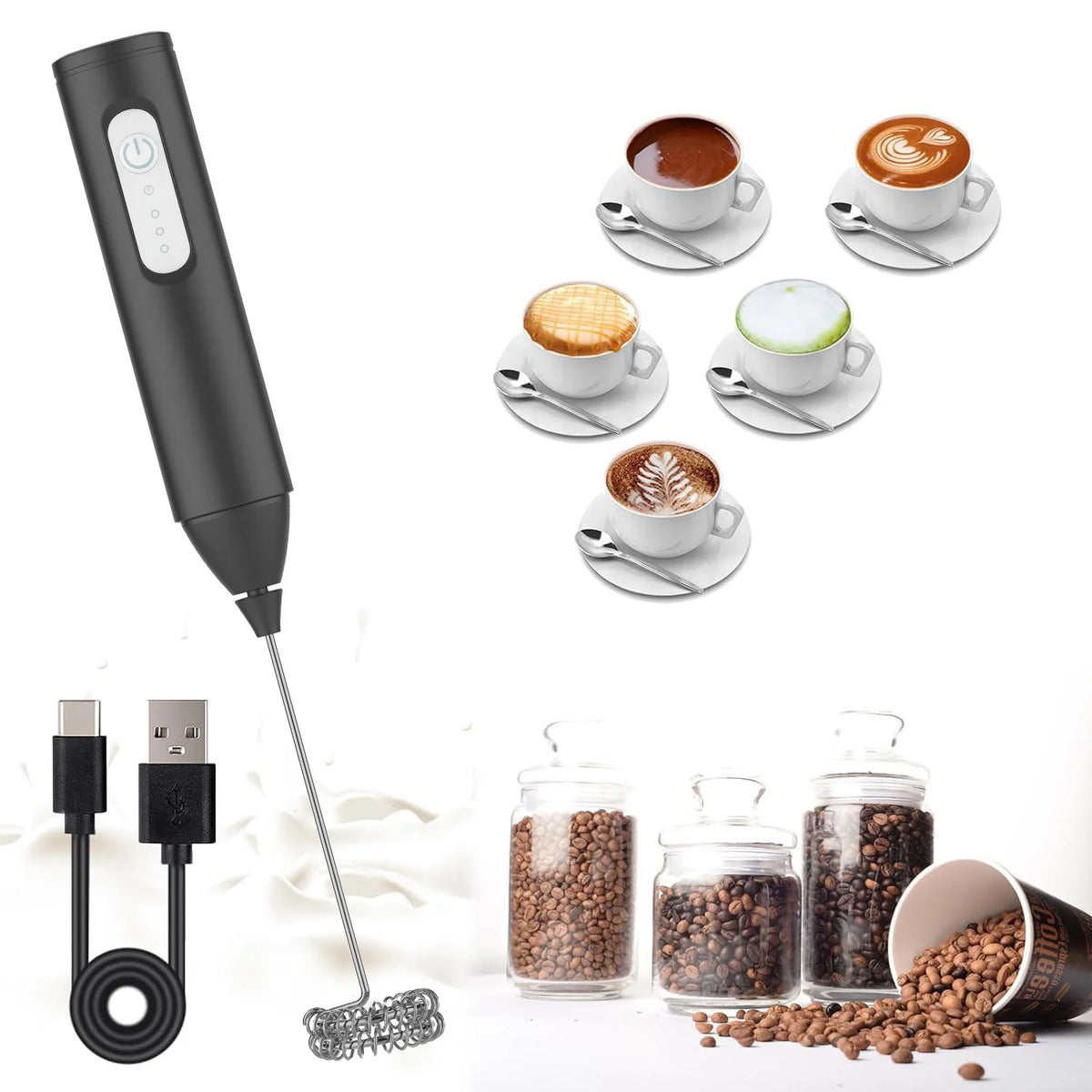 Espumador de Leche Eléctrico USB – Batidor de Café 3 Velocidades Recargable