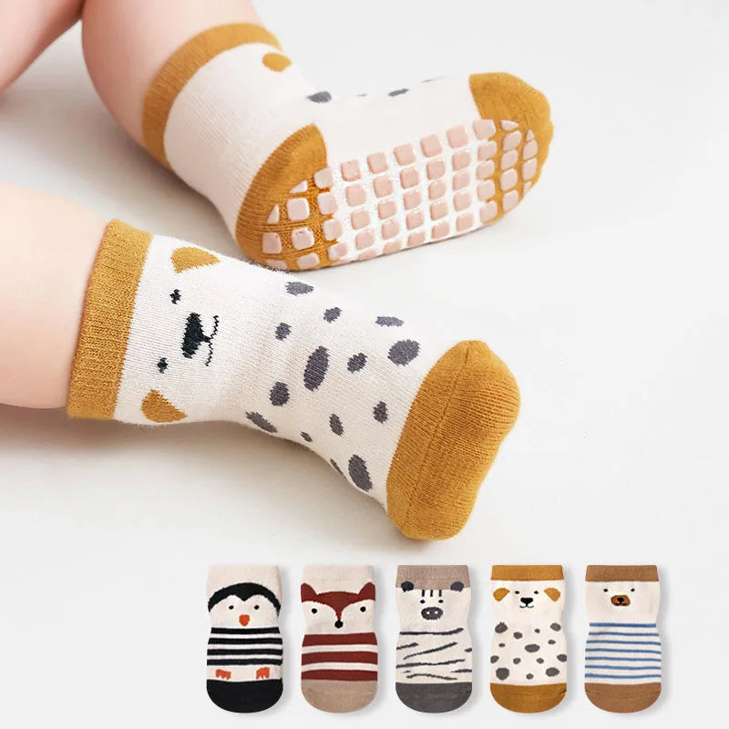Calcetines antideslizantes para bebé de 0 a 12 meses, 5 pares con dibujos de animales
