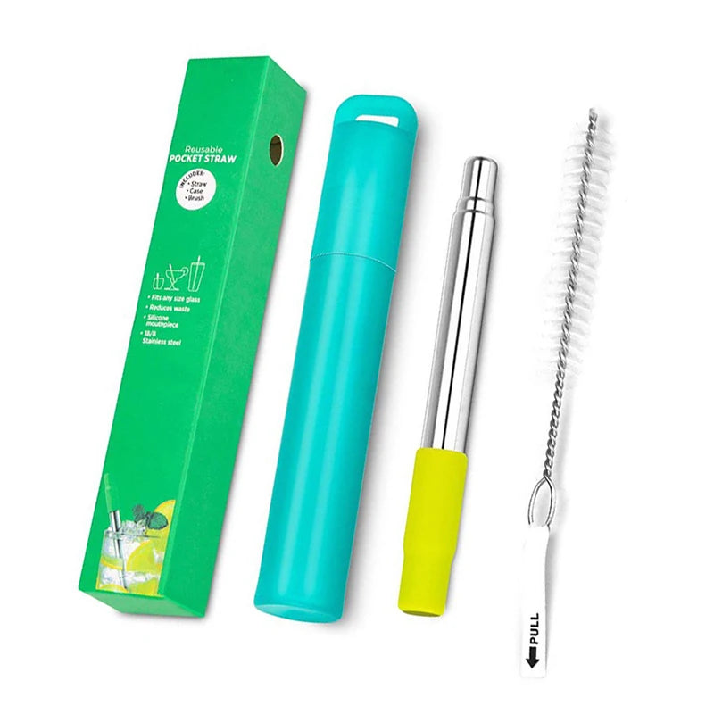 Pajita Telescópica Reutilizable de Acero Inoxidable con Estuche y Cepillo de Limpieza – Sorbetes Plegables de Viaje