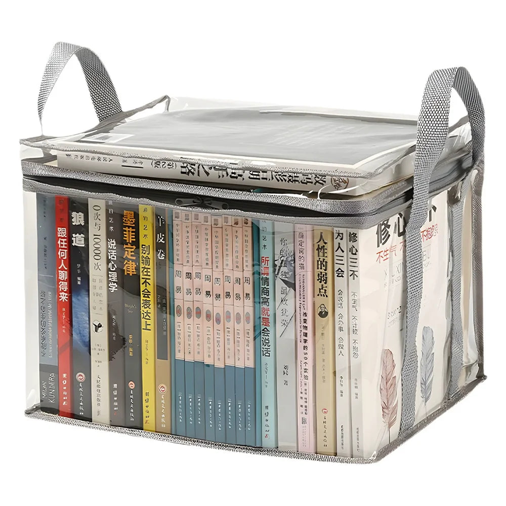 Caja Organizadora Plegable Transparente para Libros – Contenedor Impermeable con Asas y Cremallera para Hogar, Oficina y Escuela