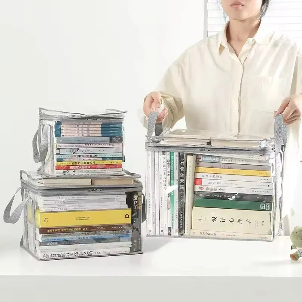 Caja Organizadora Plegable Transparente para Libros – Contenedor Impermeable con Asas y Cremallera para Hogar, Oficina y Escuela