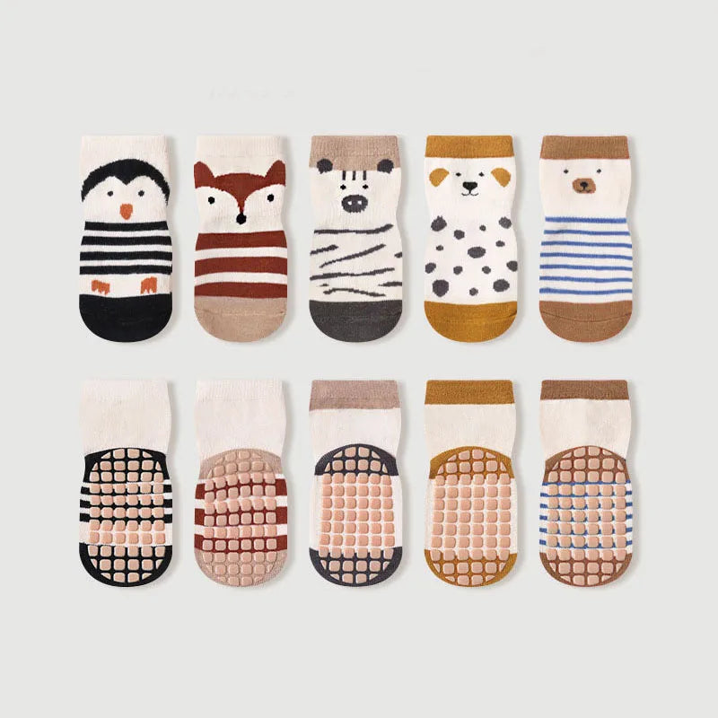 Calcetines antideslizantes para bebé de 0 a 12 meses, 5 pares con dibujos de animales