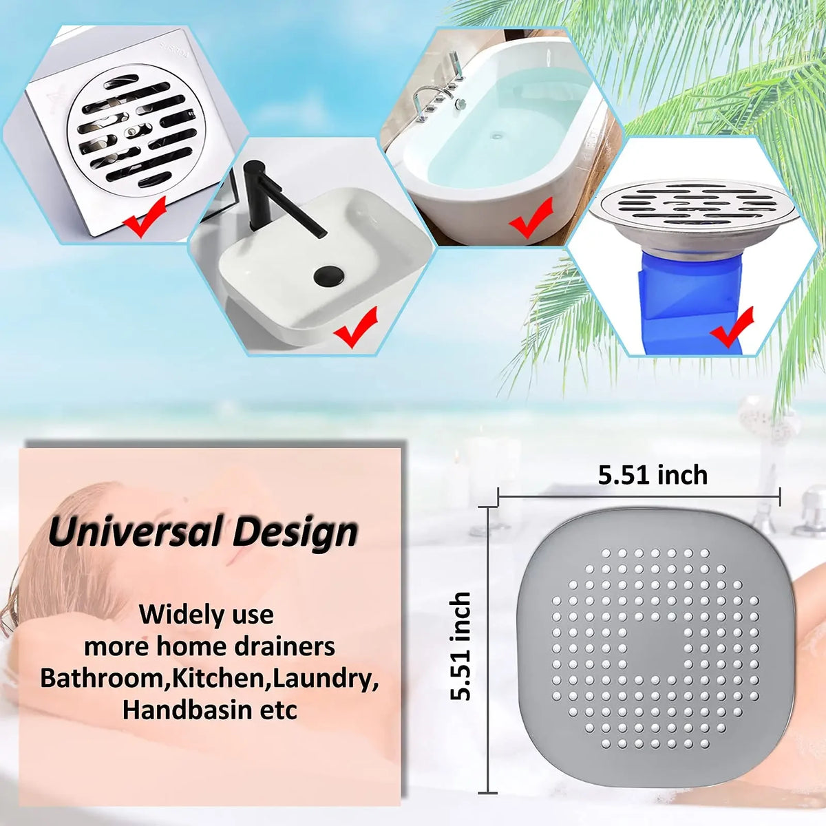 Tapón de Desagüe de Silicona con Filtro Atrapapelos – Para Ducha, Bañera y Fregadero