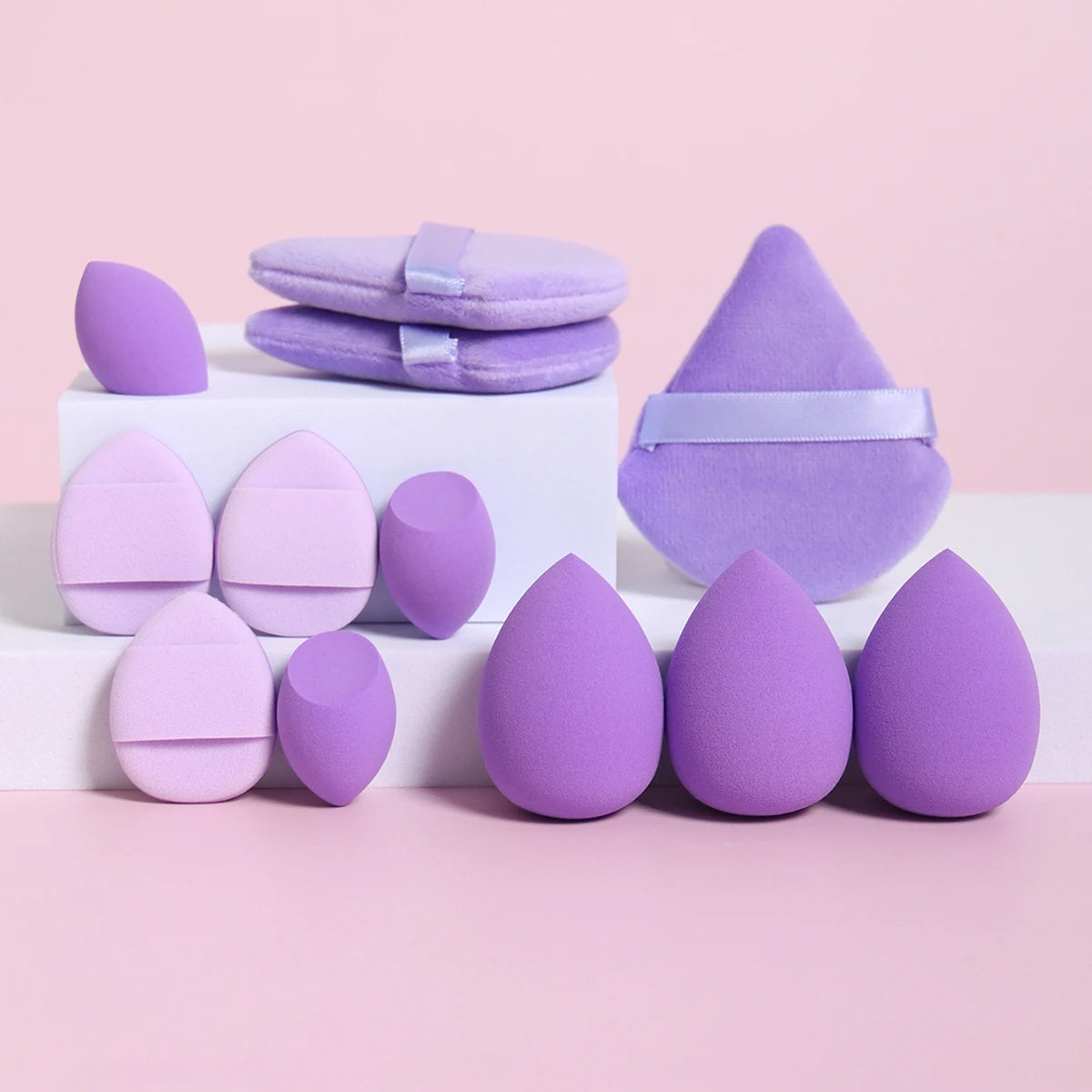 Set de Esponjas de Maquillaje de 12 Piezas – Borlas para Polvos, Mini Puffs y Beauty Blenders para Base y Corrector