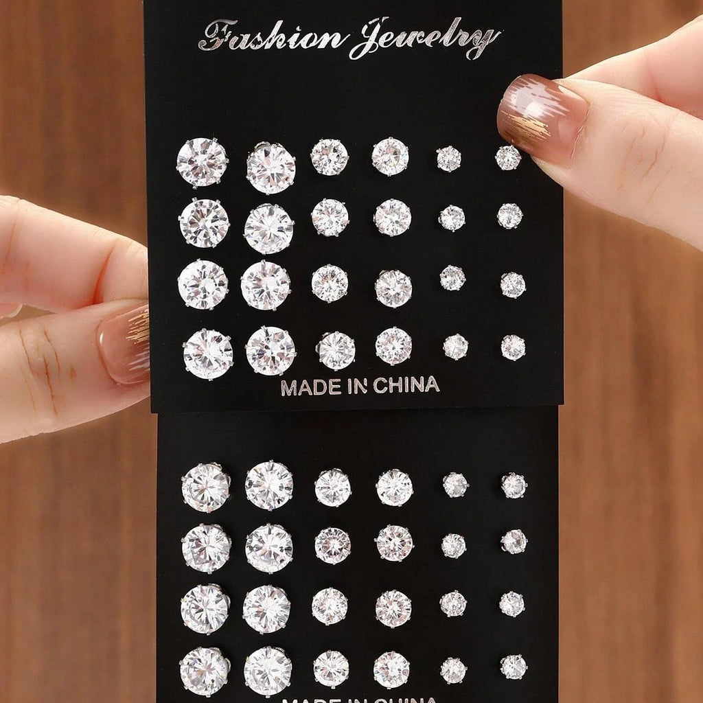 Set de 12 Pares de Aretes de Zirconia – Brillantes y Elegantes para Mujer, Ideales para Fiesta y Regalo